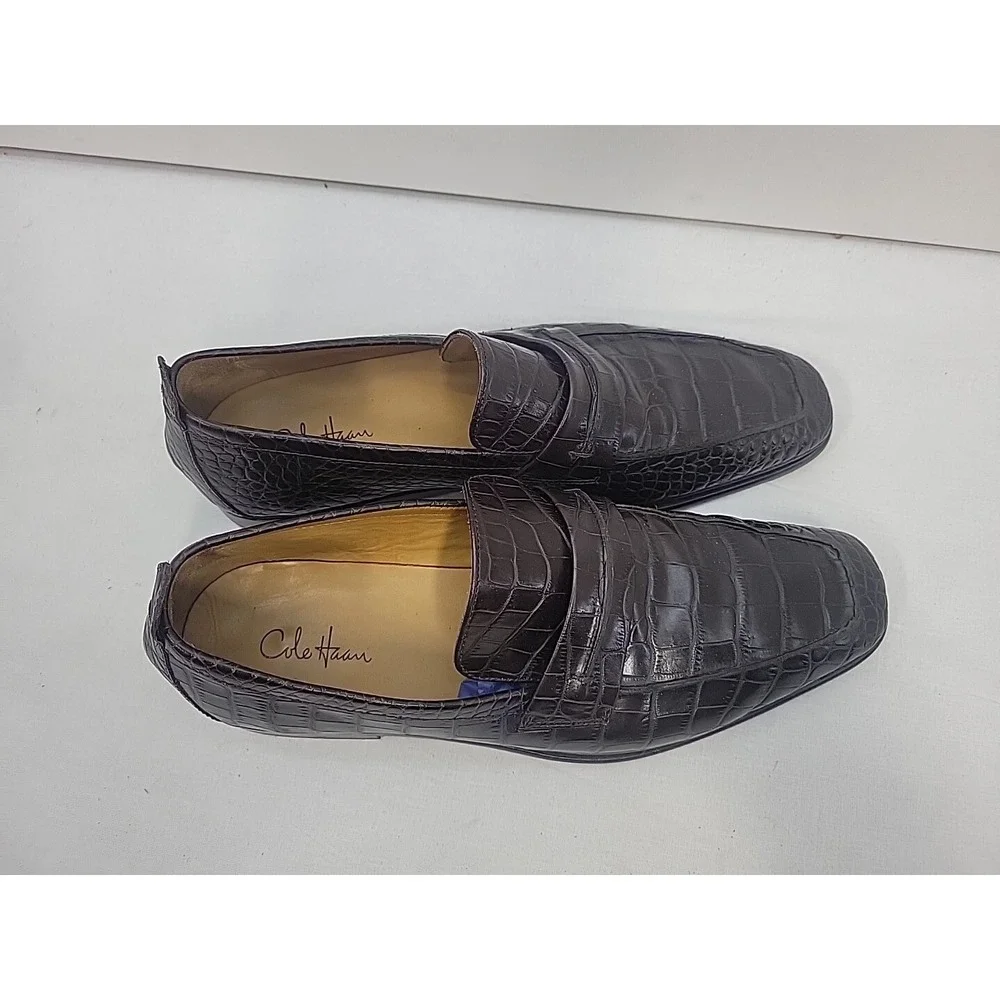 Cole Haan Mens Brown Croc Embossed Leather Penny Loafers Shoes 9.5 M 3709